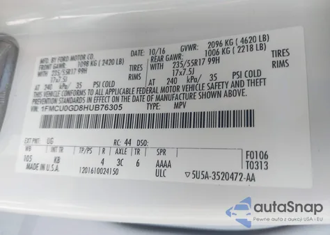 2017 Ford Escape Se from USA, damaged, VIN 1FMCU0GD8HUB76305